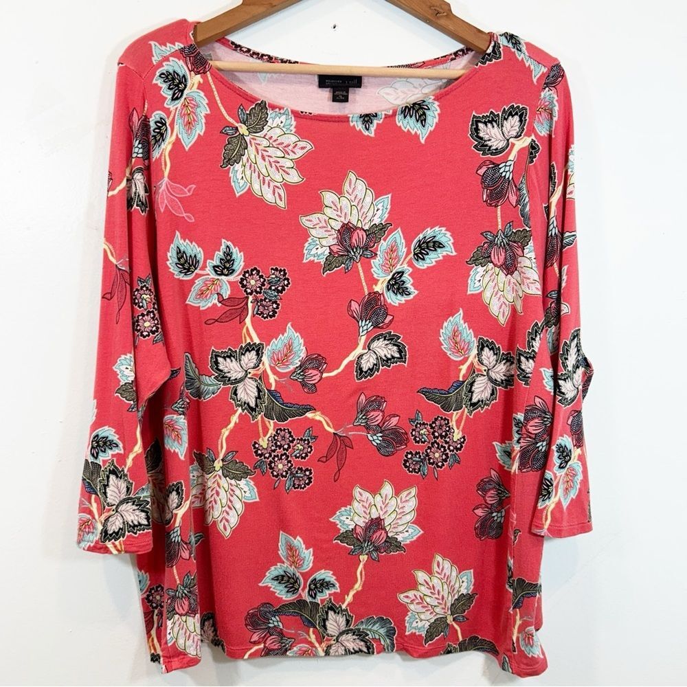 J. Jill Coral Black Floral 3/4 Sleeve Stretch Knit Top XL Cottagecore Bohemian